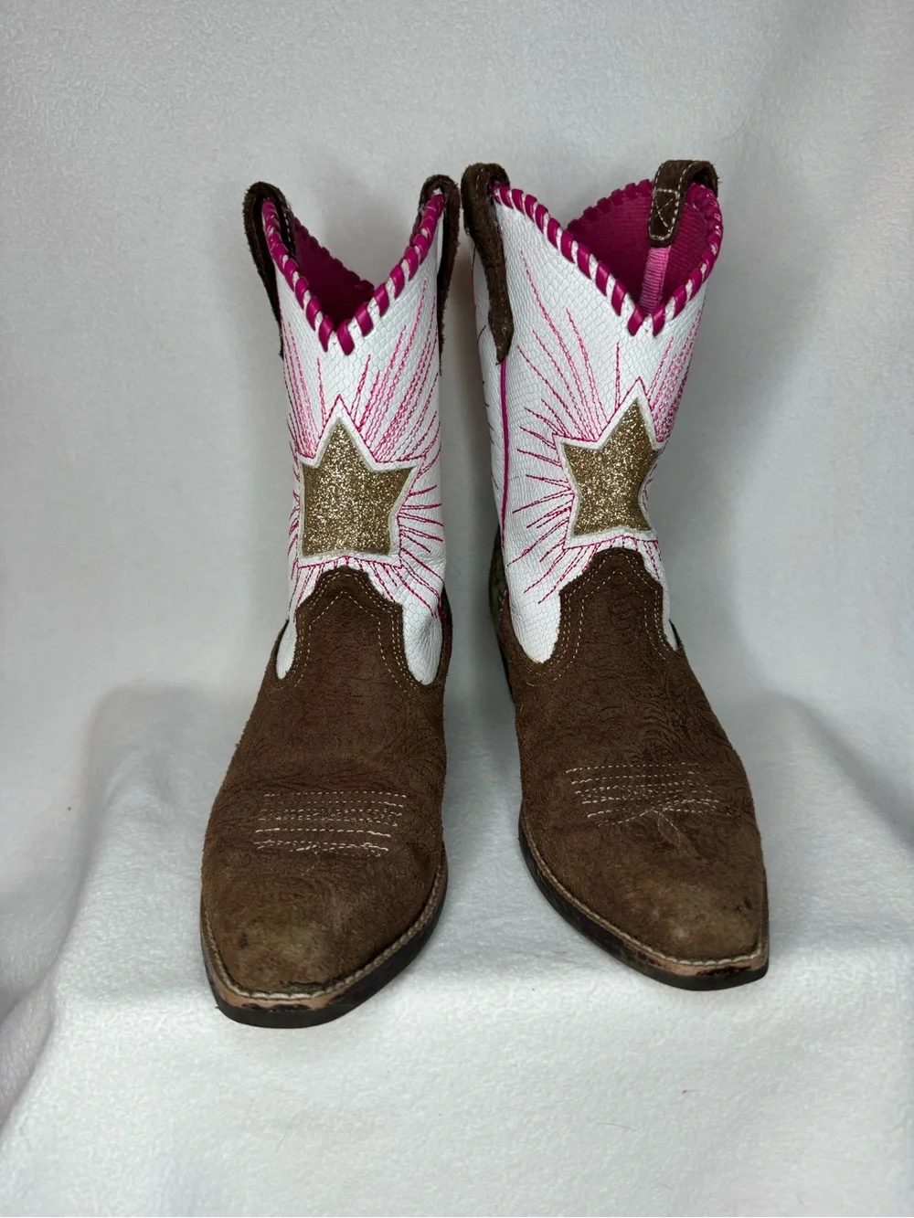Ariat Girls Cowboy Boots Size 2 Brown Pink White Glitter Star Leopard Western